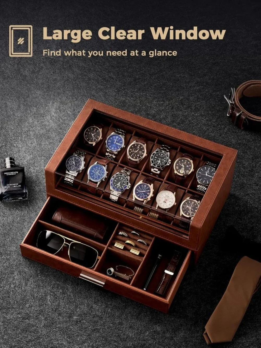12-Slot Men's Watch Display Box - Elegant Brown Storage Case for Watches